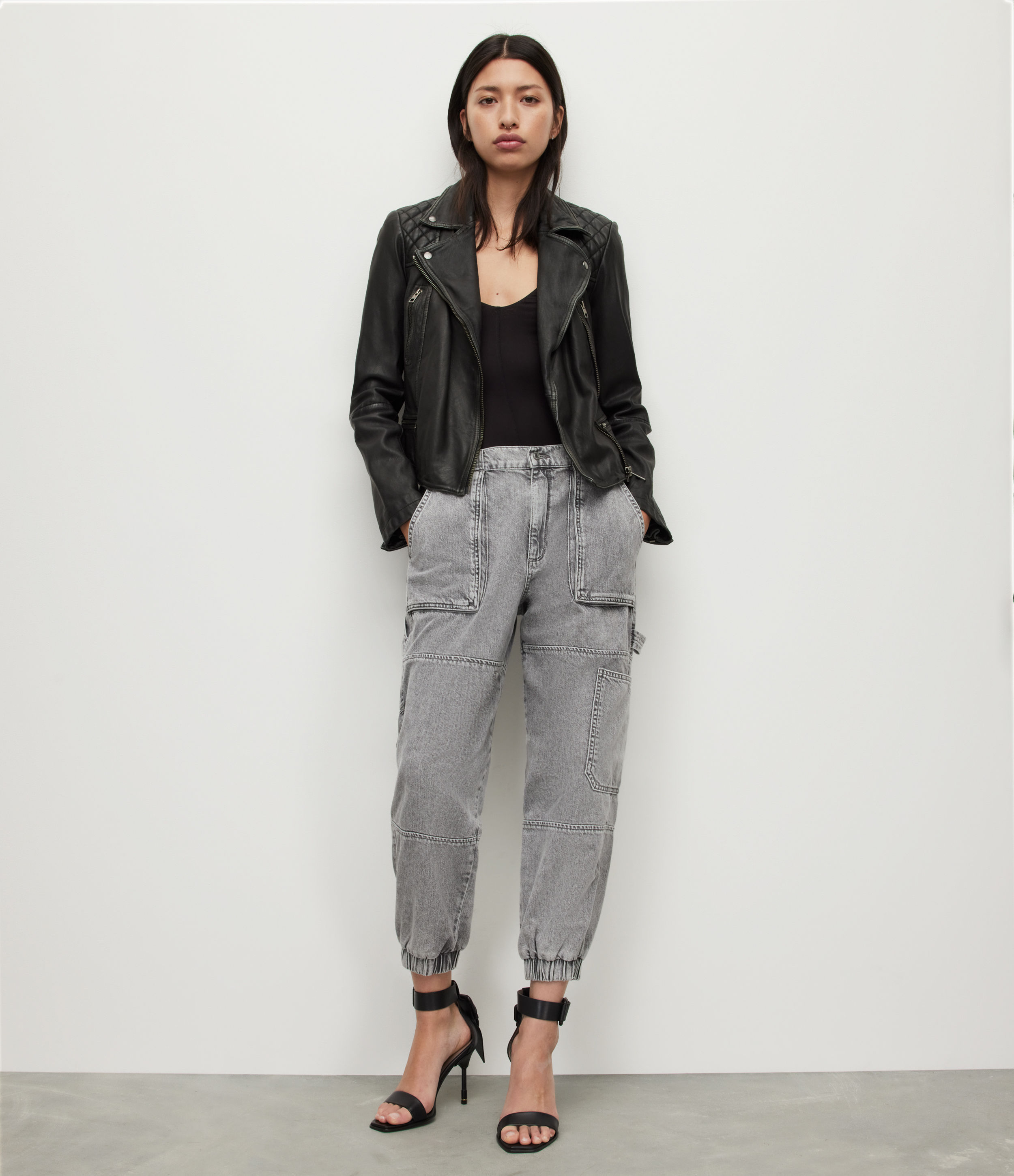 AllSaints Women's Vintage Leather Regular Fit Cargo Biker Jacket, Black and Grey, Size: 14