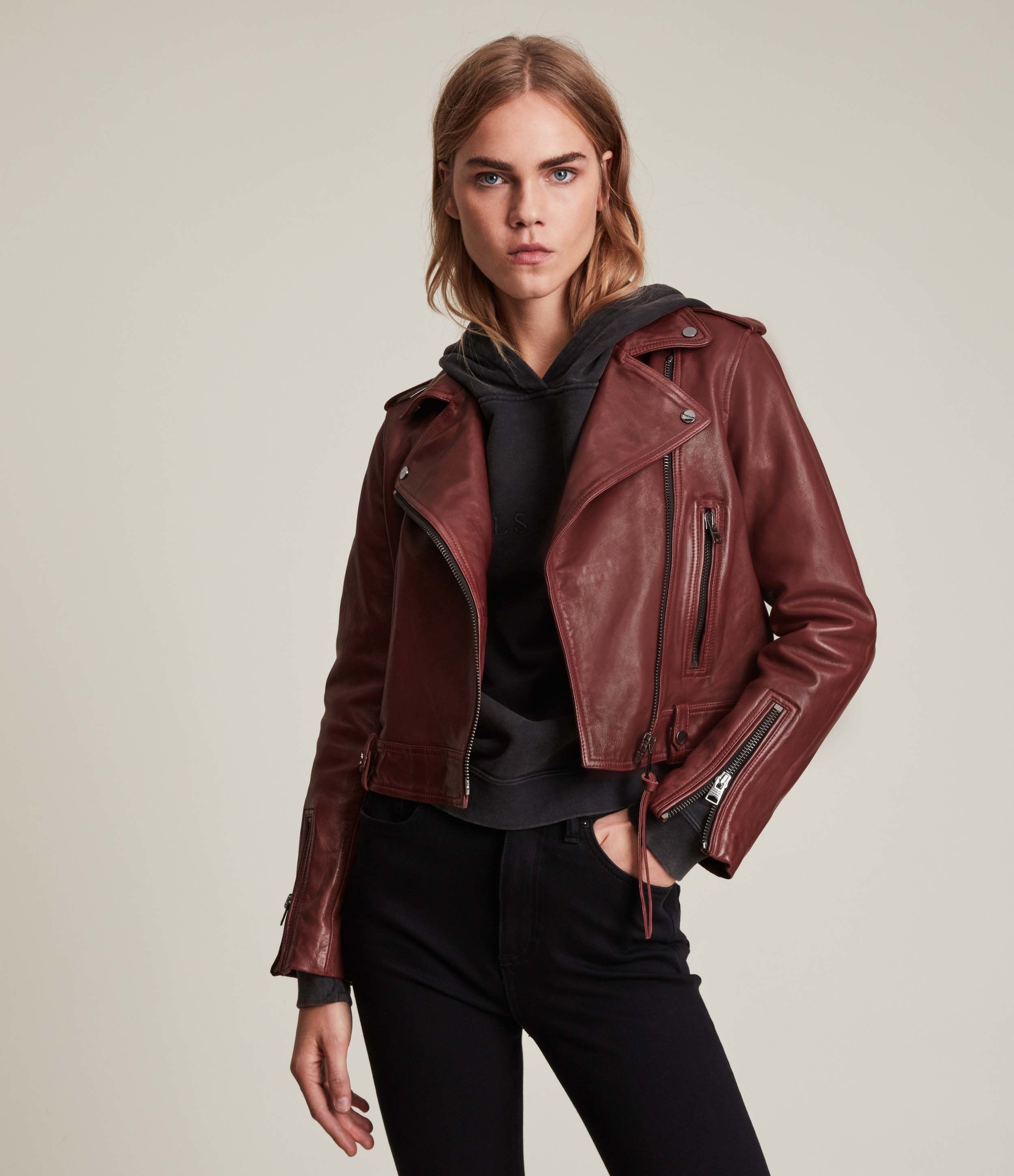 AllSaints Women's Ayra Leather Biker Jacket, Cherry OAK RED, Size: 12