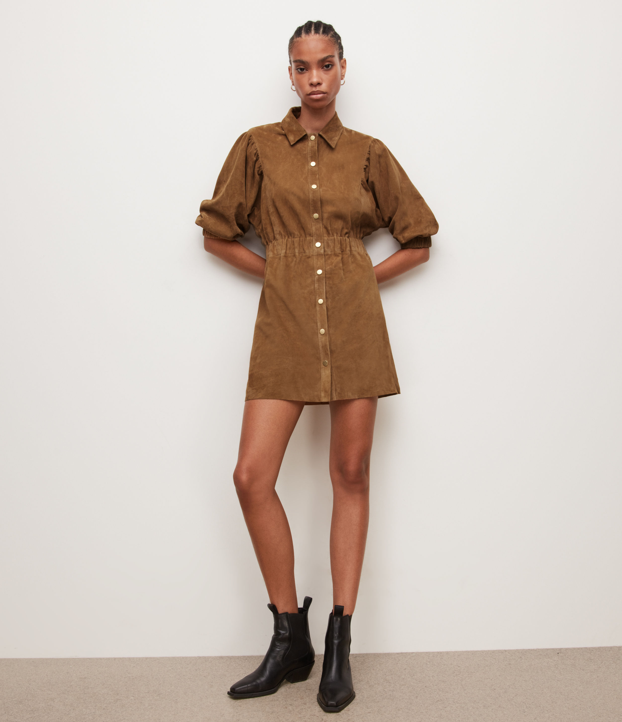 AllSaints Women's Osa Suede Short Dress, Tan Brown, Size: 10