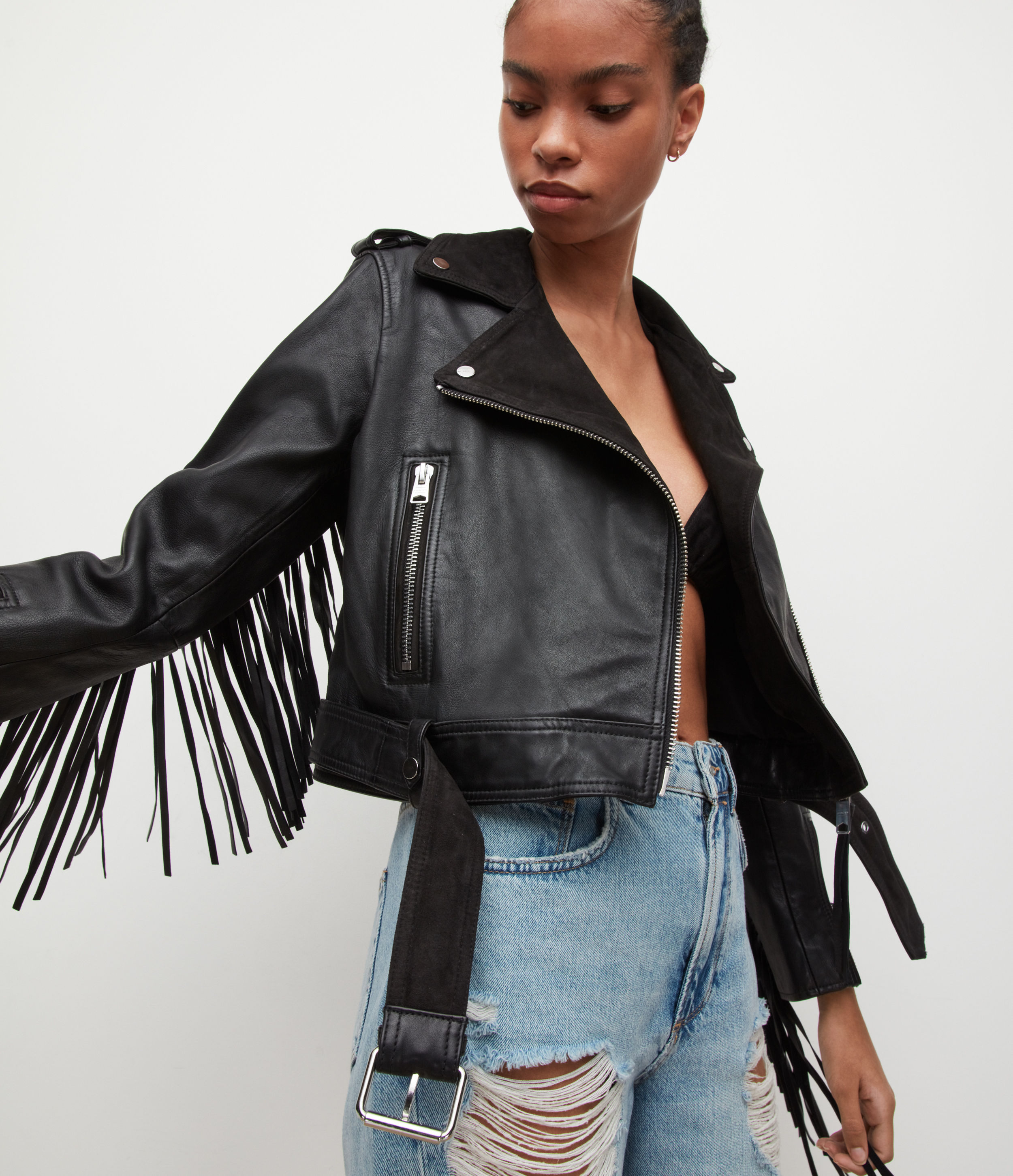 AllSaints Women's Ayra Leather Fringed Biker Jacket, Black, Size: 12
