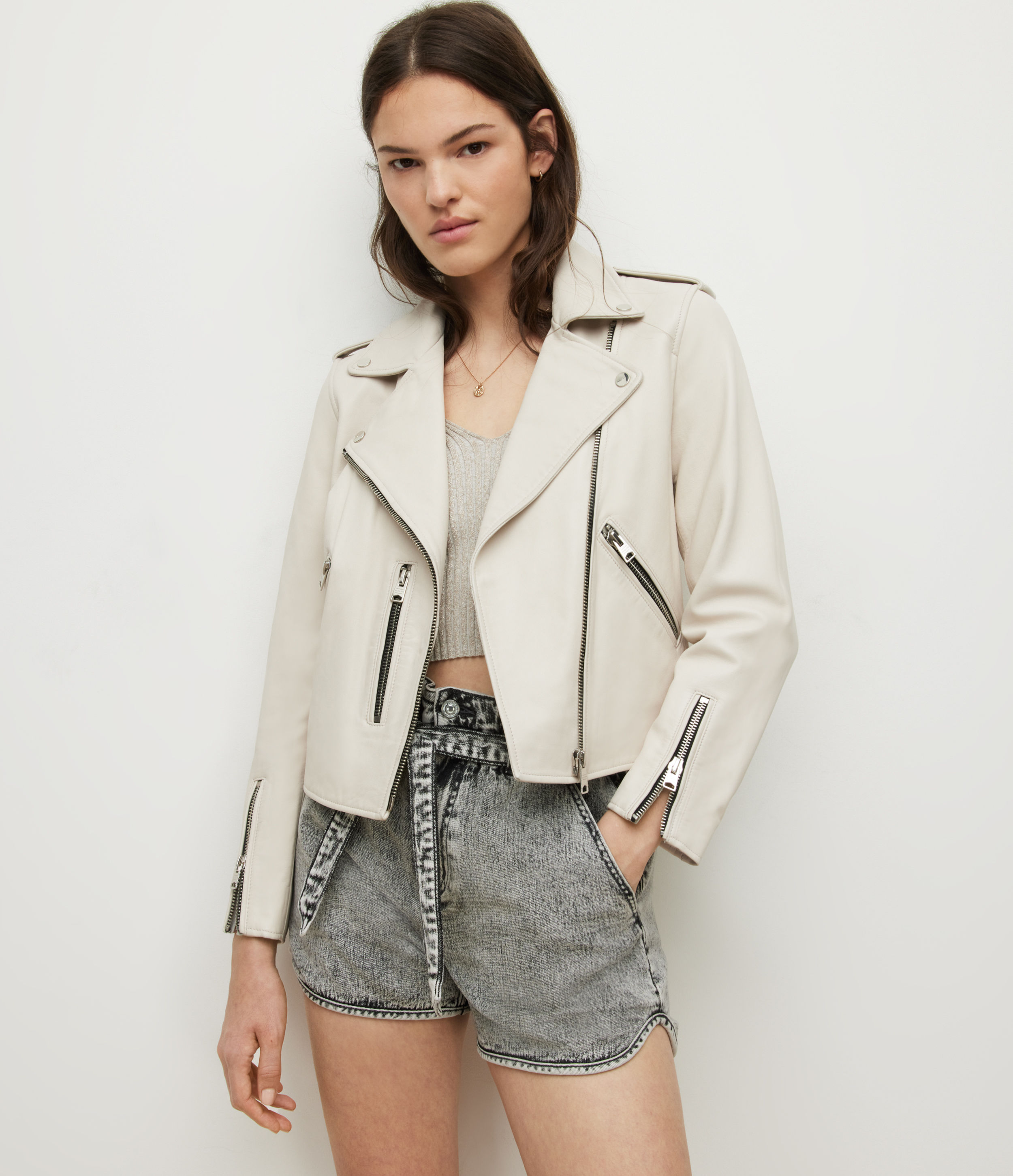 AllSaints Women’s Fern Leather Biker Jacket, White, Size: 16