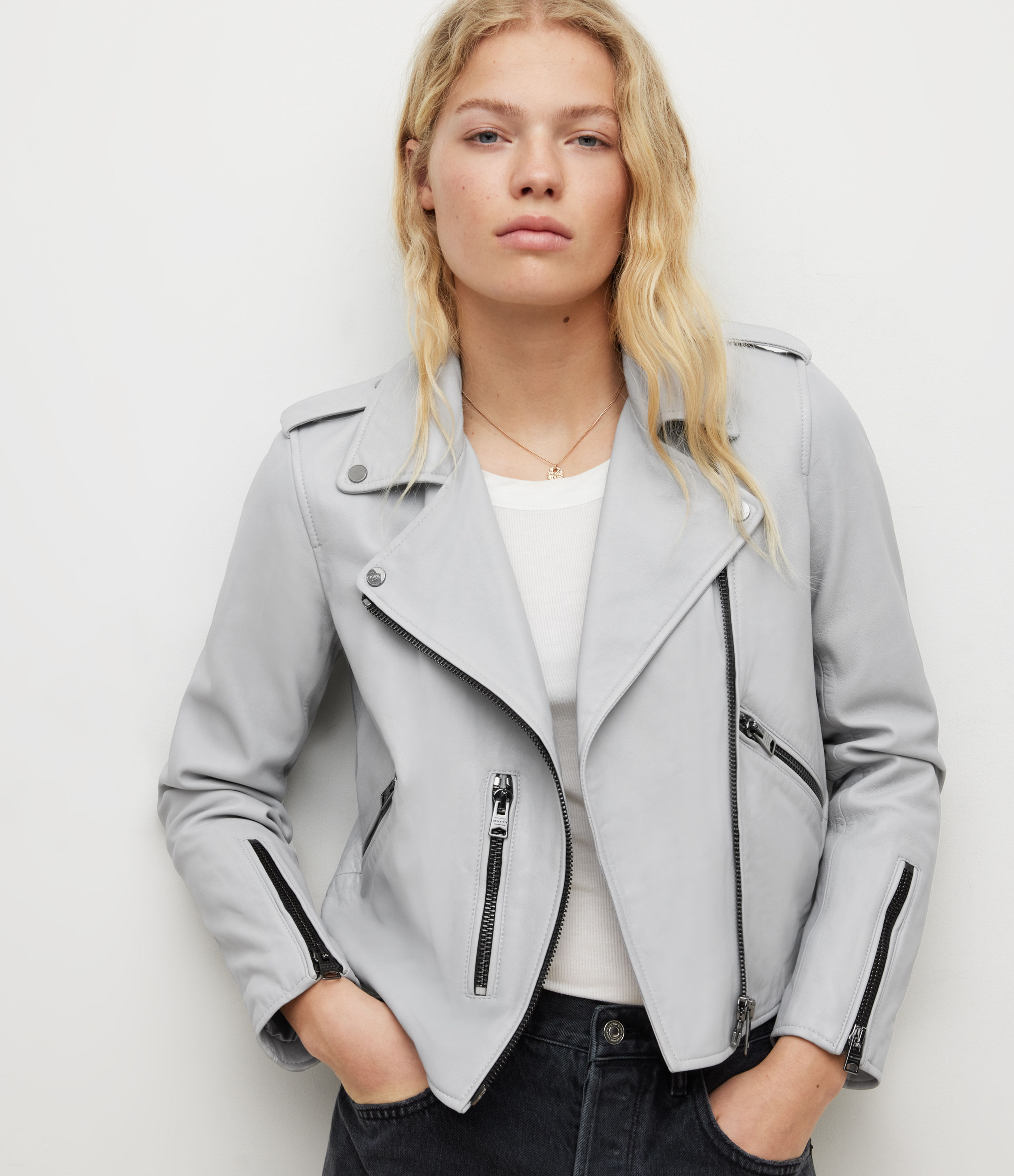 AllSaints Women’s Fern Leather Biker Jacket, Coastal Blue, Size: 6