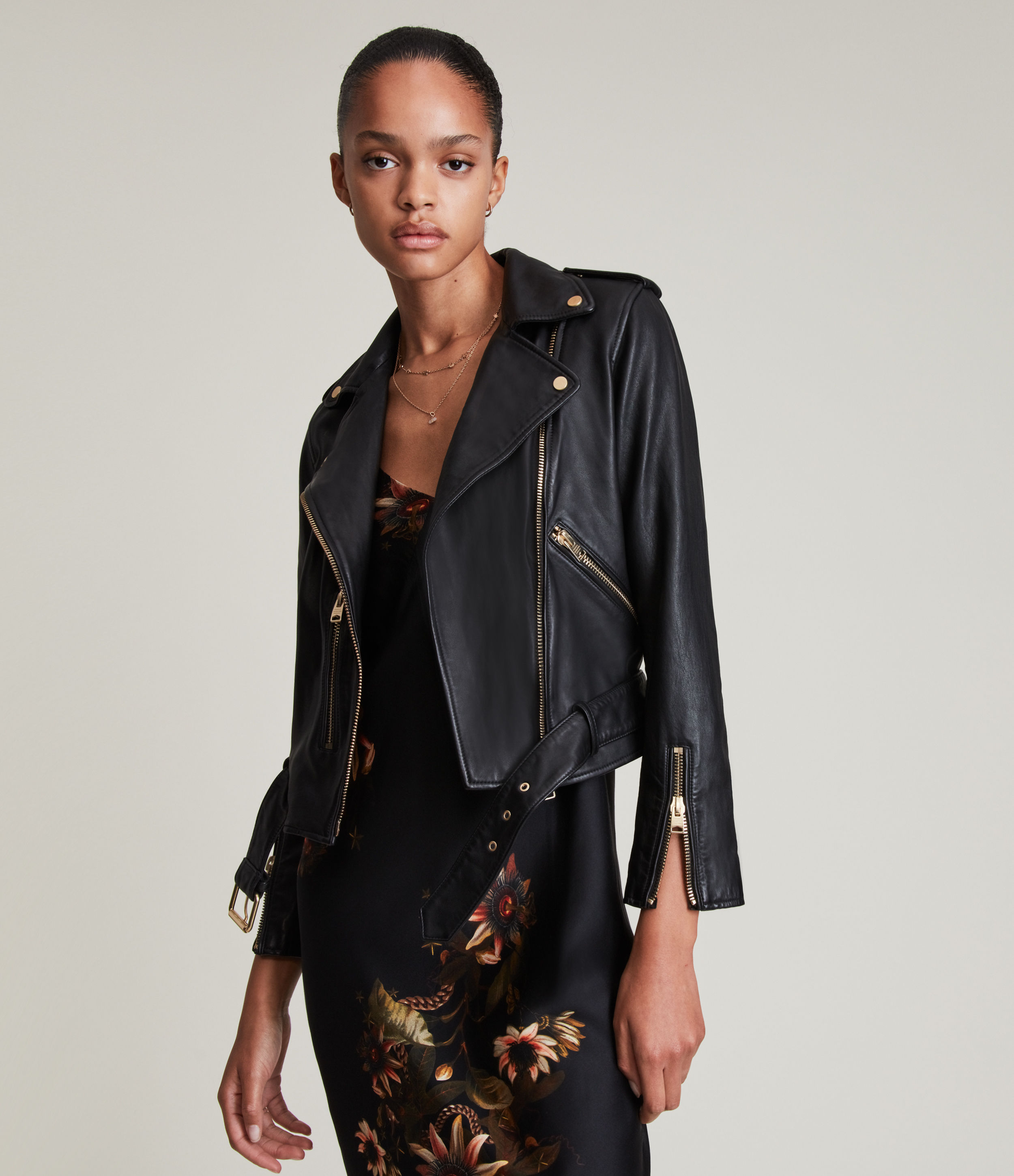 Image of AllSaints Balfern Gold Leather Biker Jacket Womens Black Size: Size 14