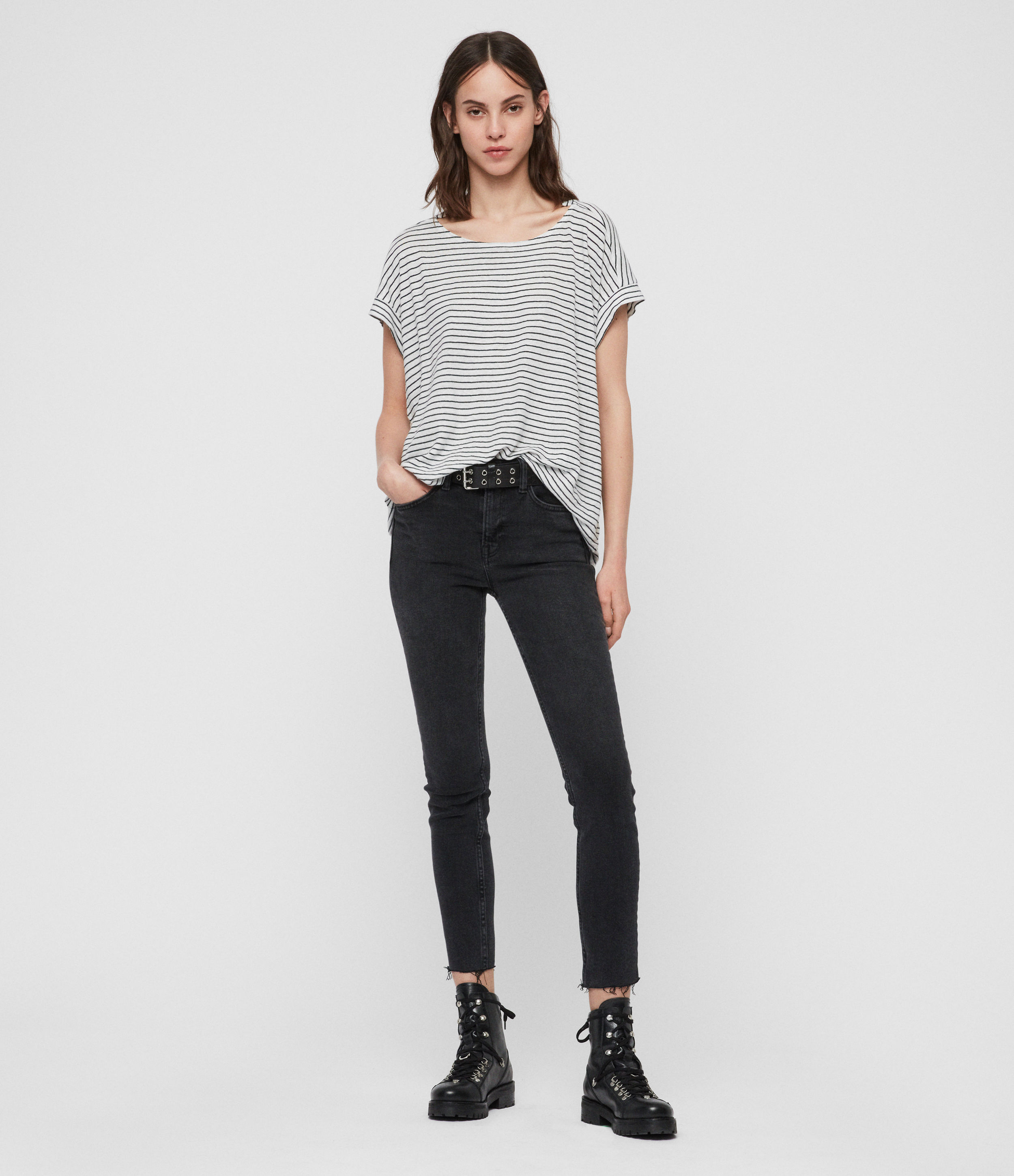 Allsaints Womens Pina Stripe T-shirt In White And Navy Blue