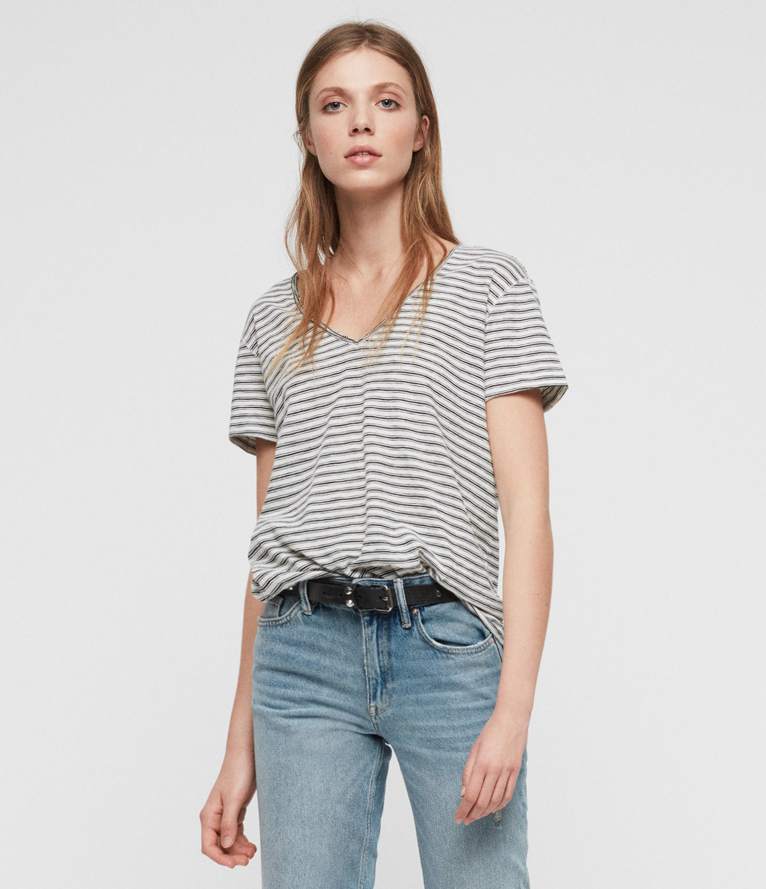 AllSaints Women's Emelyn Stripe T-Shirt, Cream and Black, Size: M