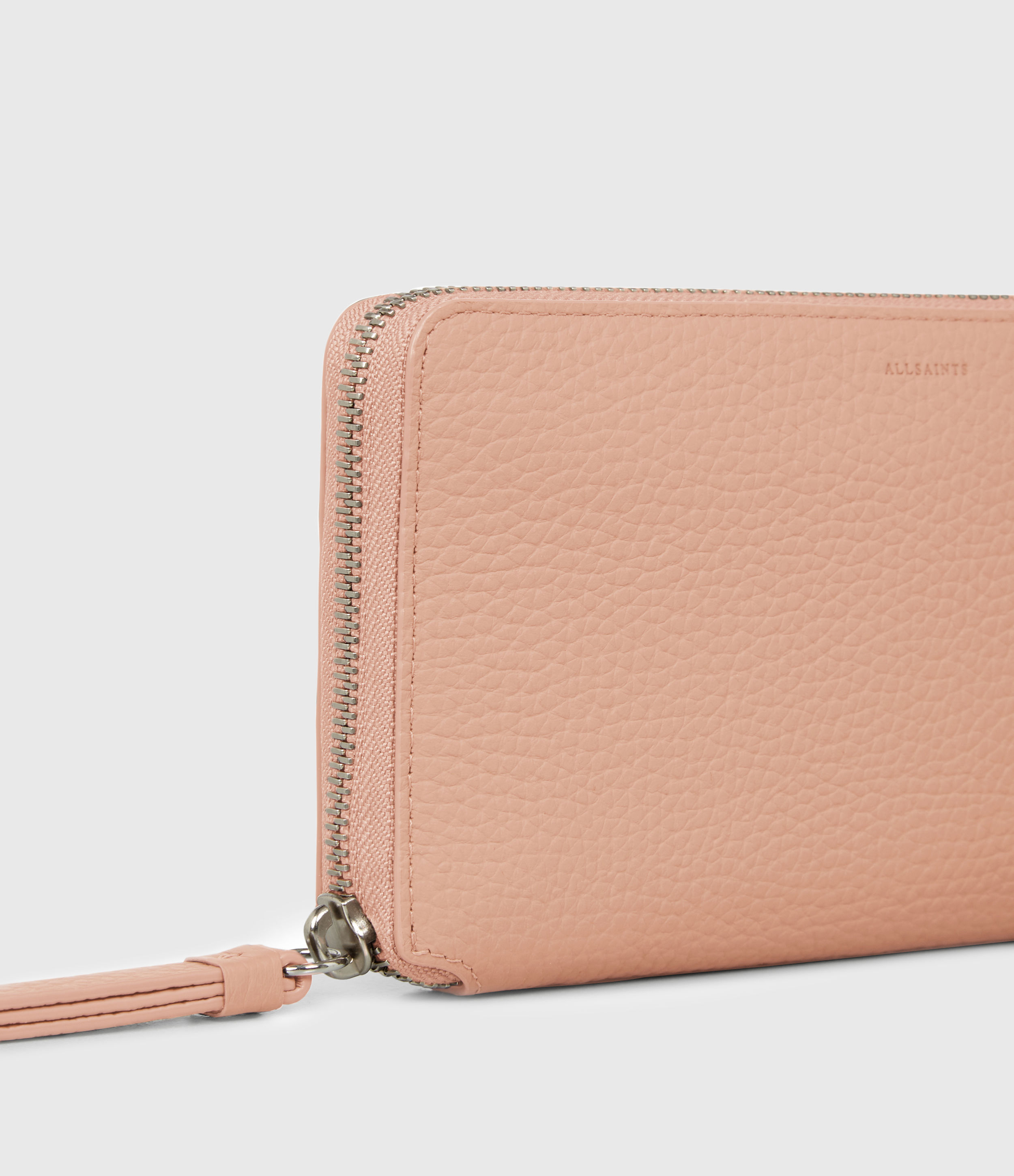 Allsaints Fetch Phone Leather Wristlet In Nude Pink