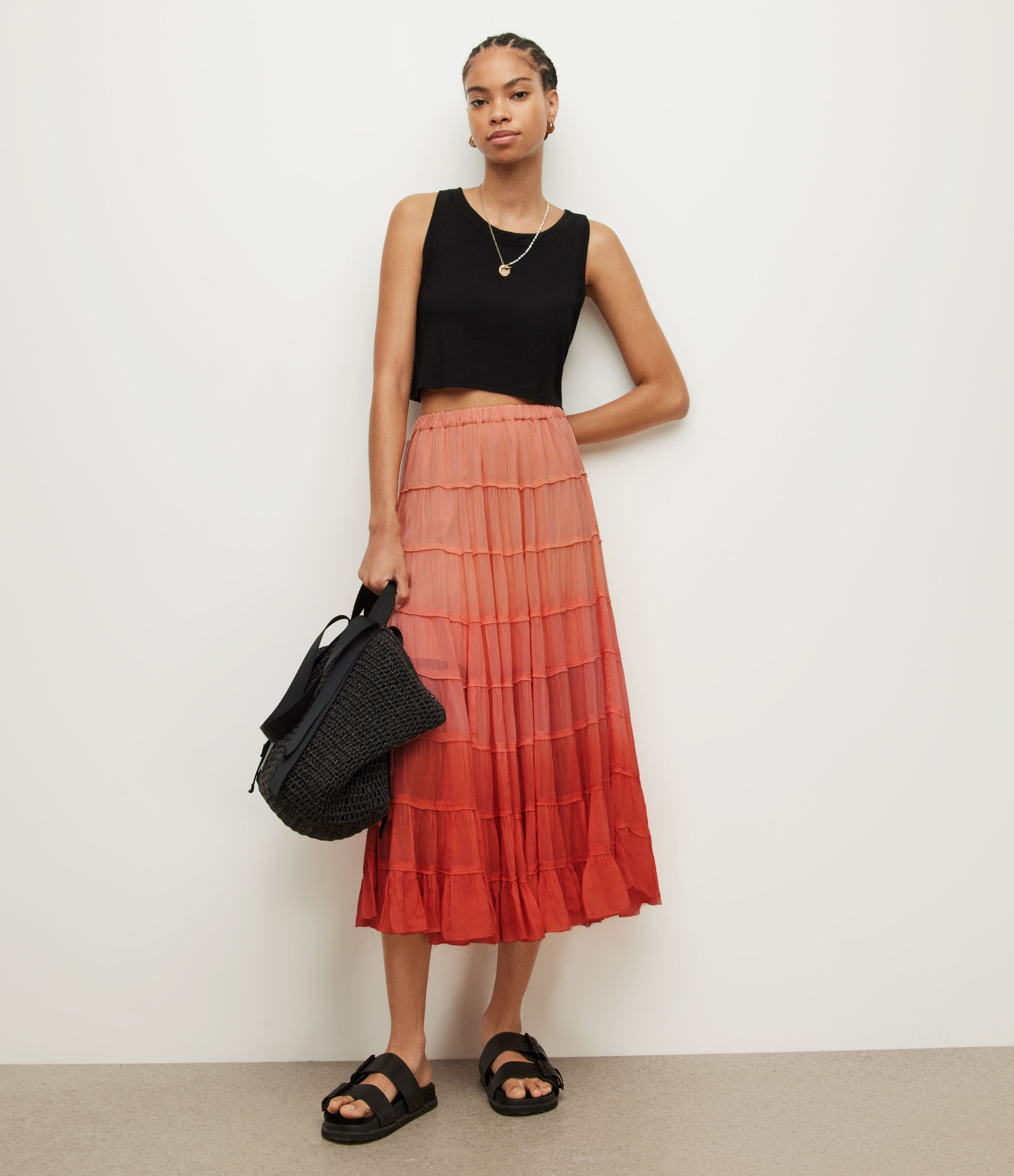 AllSaints Women's Eva Ombre Maxi Tiered Skirt, Sunburst Orange, Size: 10