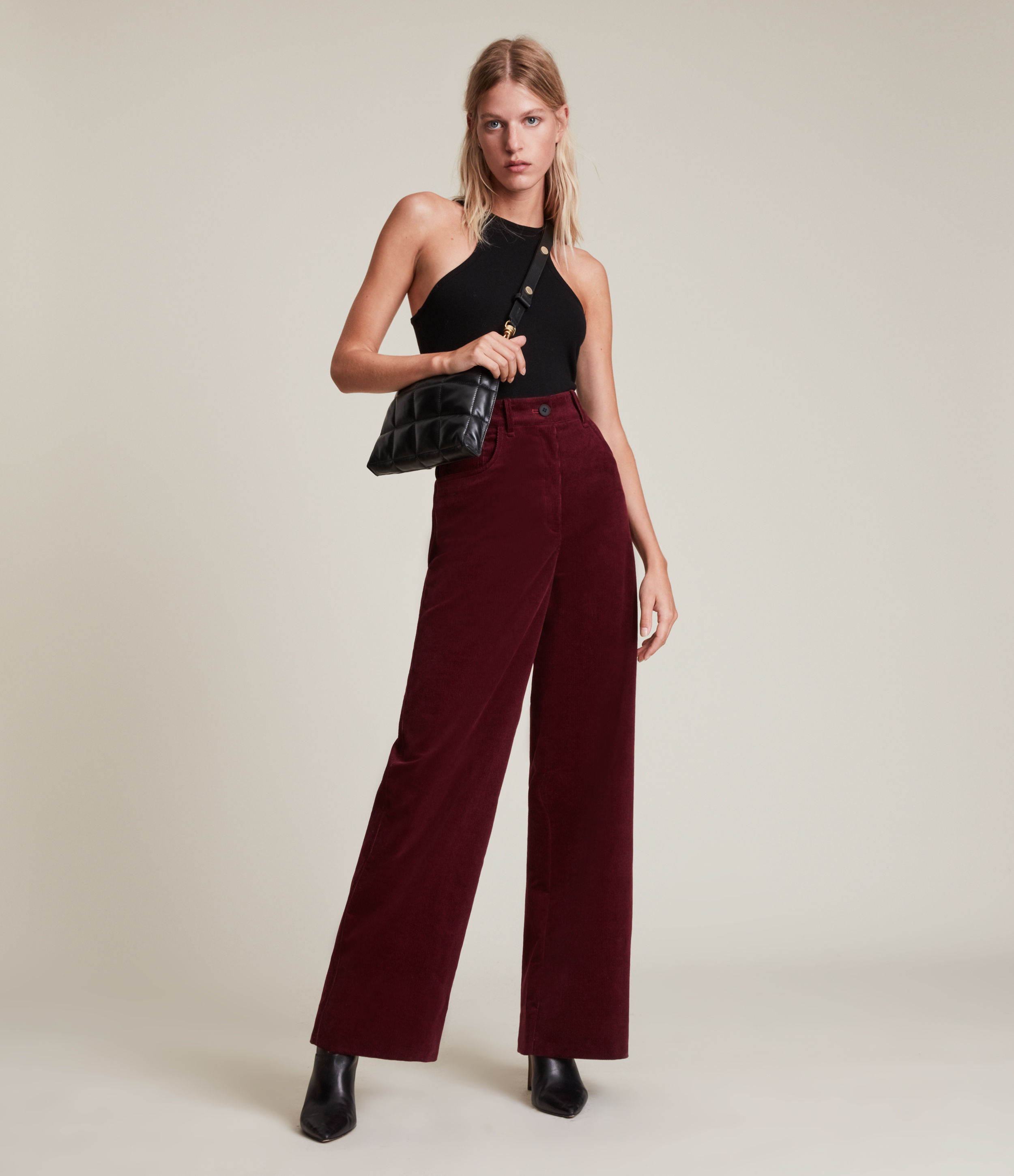 AllSaints Women's Adlai High-Rise Wide Leg Corduroy Trousers, Bordeaux RED, Size: 10