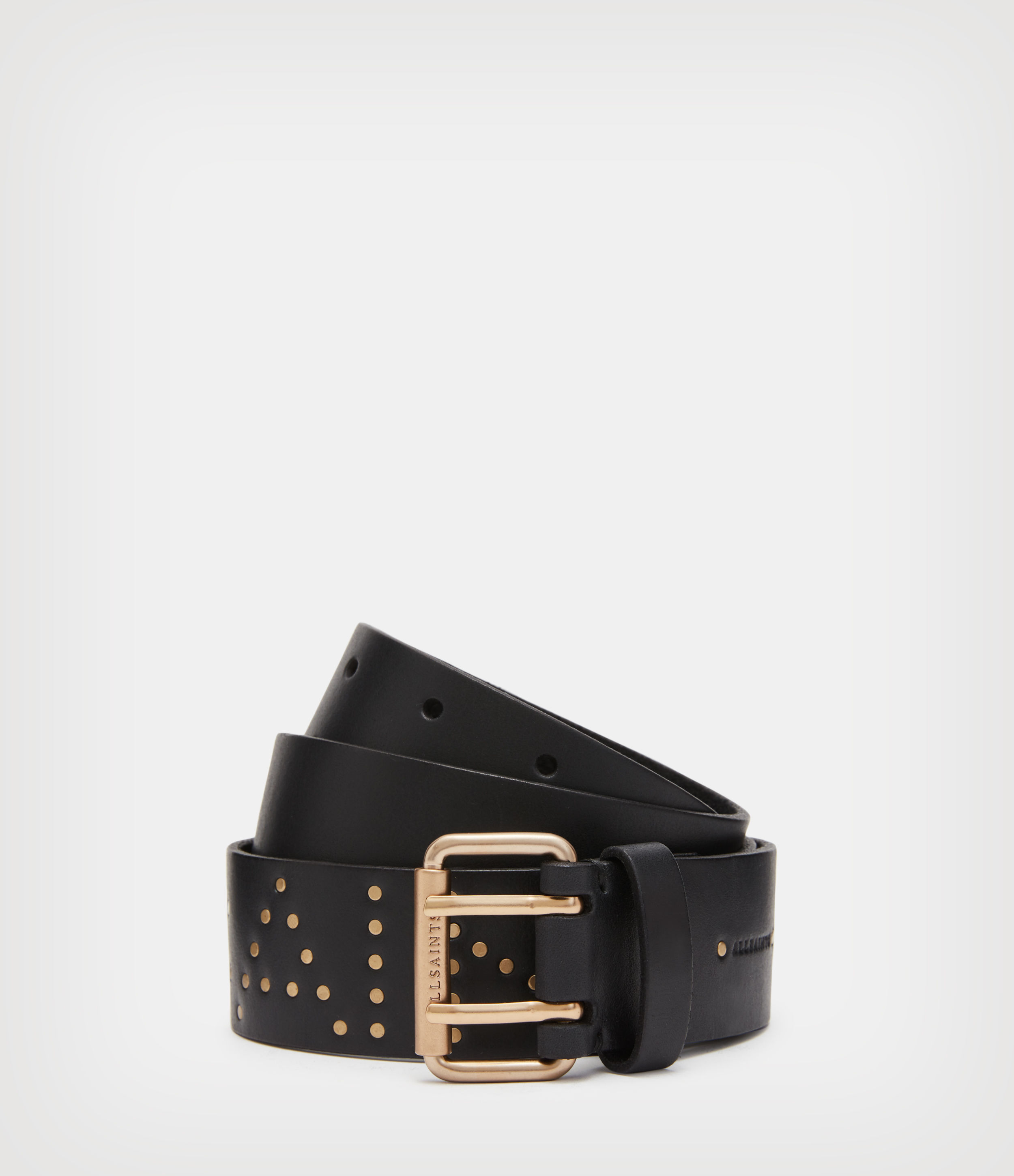 Remi AllSaints Women’s Leather Belt, Black/warm Brass, Size: L