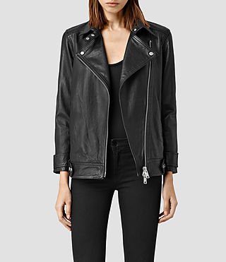 Womens Wrap Cable Leather Biker Jacket (Black/Charcoal) | ALLSAINTS.com