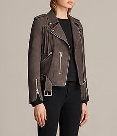 ALLSAINTS US: Womens Tassel Balfern Suede Biker Jacket (GRAPHITE GREY)