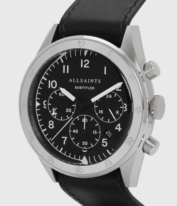 Subtitled IV Stainless Steel and Black Leather Watch