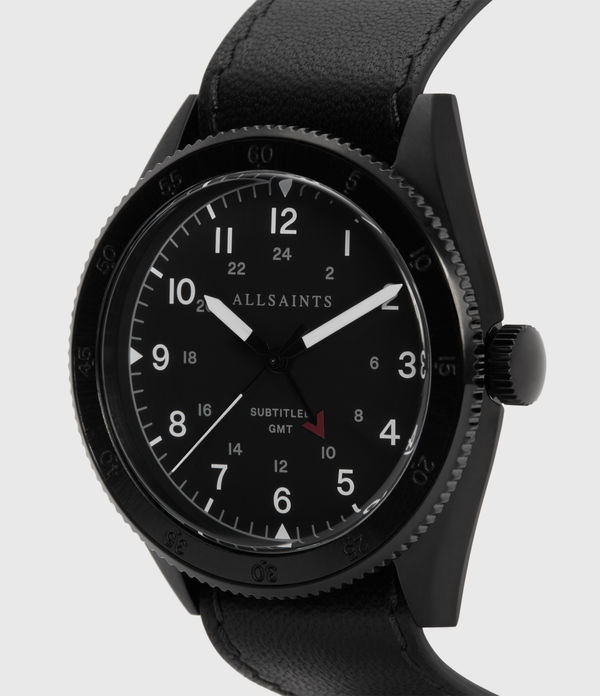 Subtitled GMT III Black Stainless Steel and Leather Watch