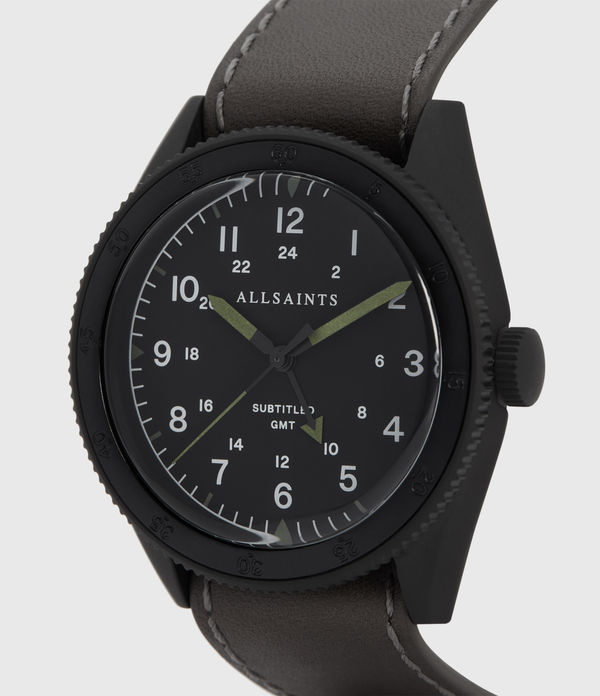 Subtitled GMT IV Matte Black Stainless Steel and Slate Leather Watch