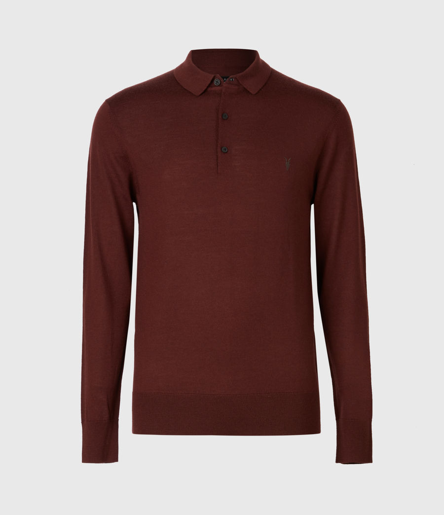 ALLSAINTS UK: Mens Mode Merino Long Sleeve Polo Shirt (burgundy_red)