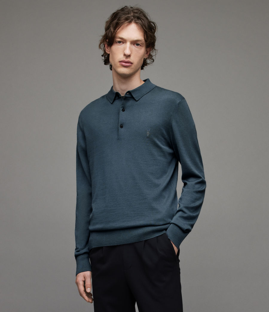 Hommes Mode Merino Long Sleeve Polo Shirt (shadow_blue) - Image 1