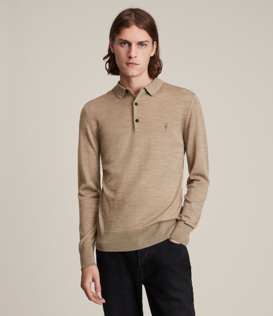 Men's Mode Merino Long Sleeve Polo Shirt (smoked_brown_marl) - Image 1