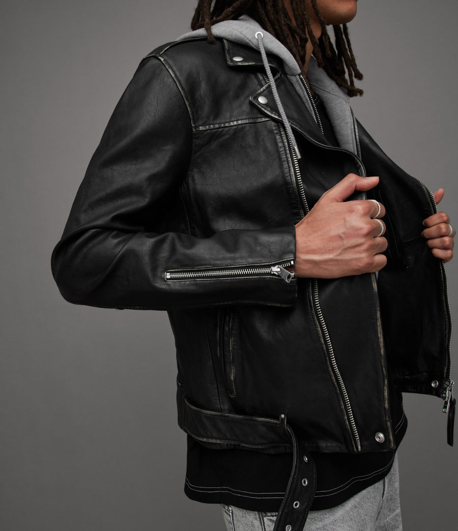 Men’s Casual Black Leather Biker Jacket with Inner Funnel Neck Collar 