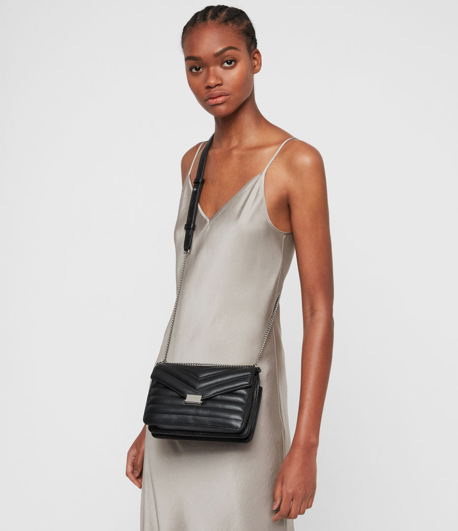 ALLSAINTS US: Womens Justine Small Leather Flap Crossbody Bag (black)