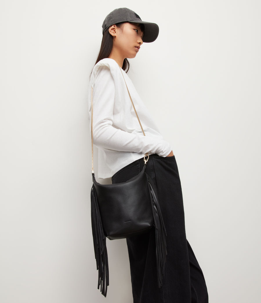 Womens Evaline Fringe Crossbody Leather Bag (black) - Image 1