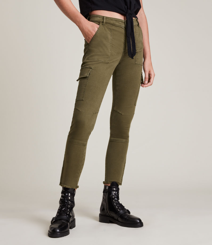 Dark Green Skinny Cargo Pants High Rise Slim Stretch Combat Trousers 
