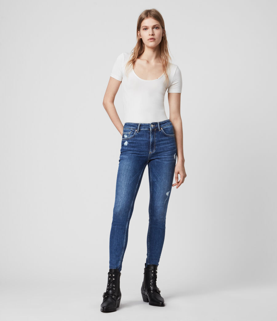 Allsaints Uk Womens Dax High Rise Superstretch Shaping Skinny Jeans Mid Indigo Blue Mid Indigo Blue