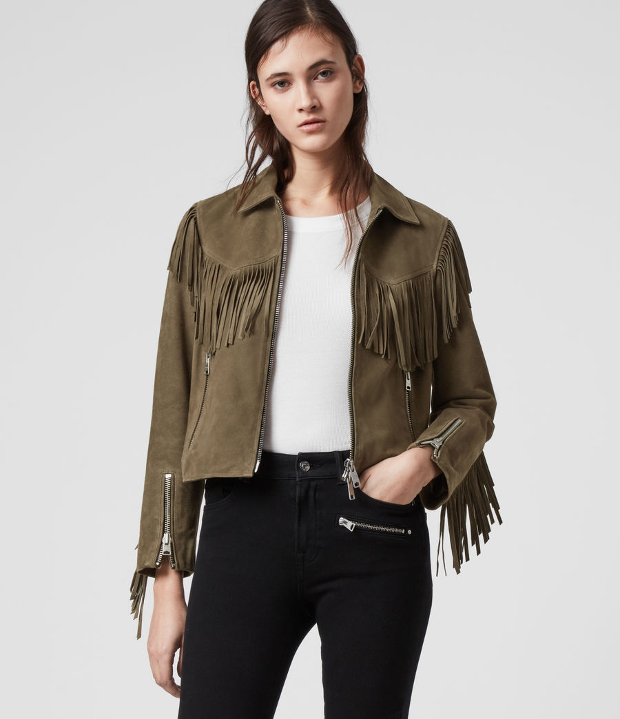 ALLSAINTS US: Womens Vivi Suede Tassel Jacket (olive_green)