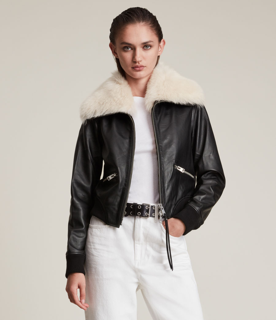 Women's Wisley Shearling Leather Jacket (black_off_white) - Image 3