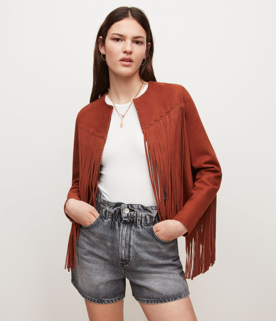 Women's Astral Suede Fringed Jacket (amber_brown) - Image 4