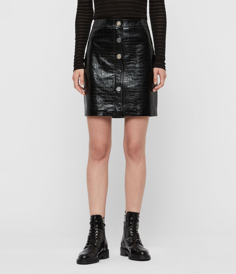 ALLSAINTS UK: Womens Bela Leather Skirt (croc_black)