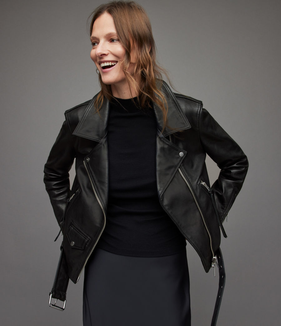 Womens Luna Leather Biker Jacket (black) - Image 11