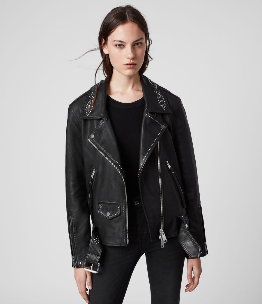 ALLSAINTS UK: Womens Luna Studded Leather Biker Jacket (black)