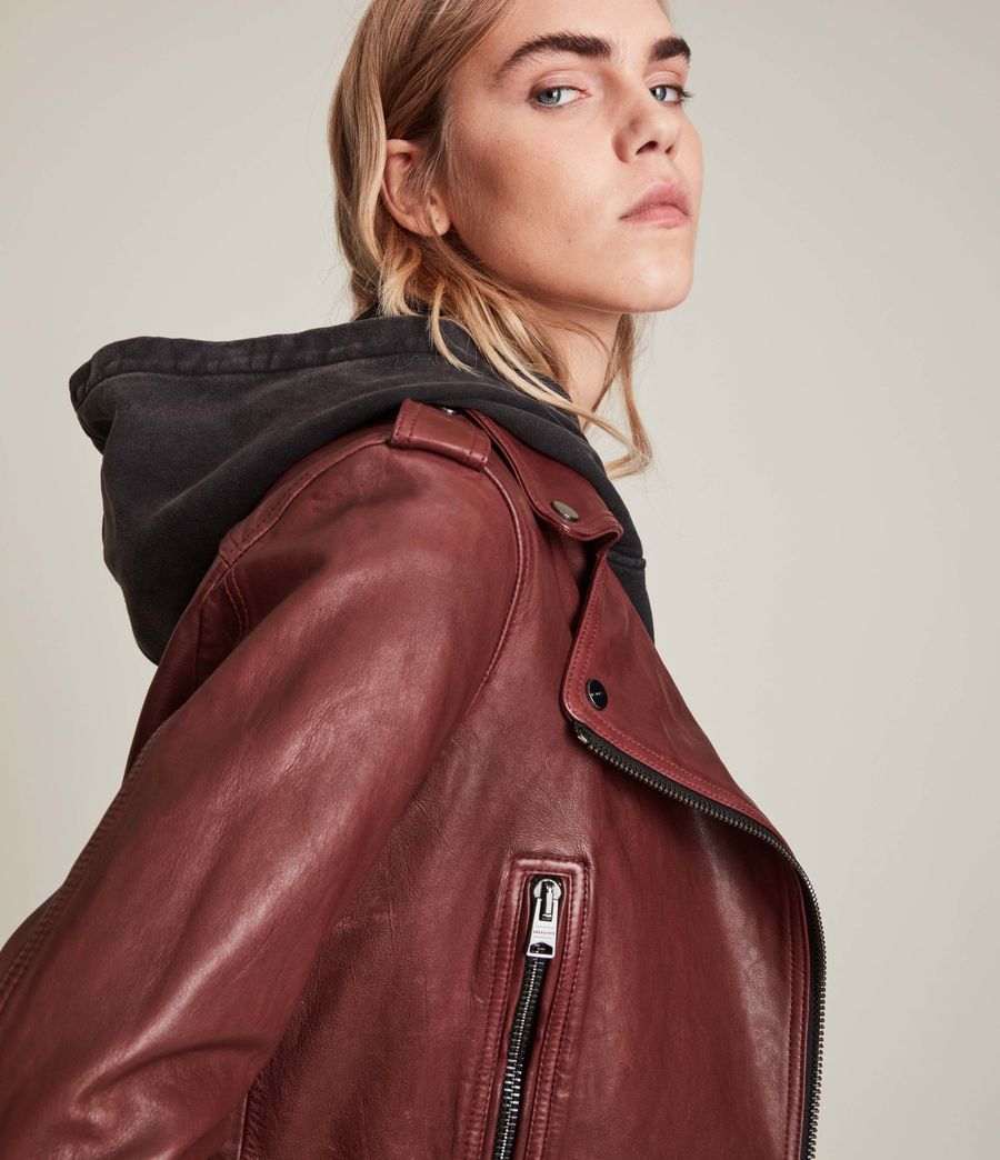 Women's Ayra Leather Biker Jacket (cherry_oak_red) - Image 4