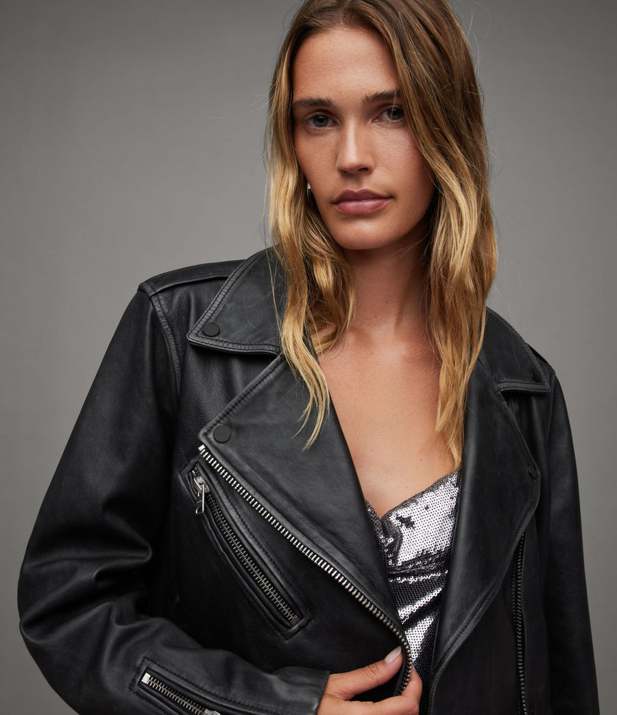 Womens Billie Oversized Leather Biker Jacket (black) - Image 4