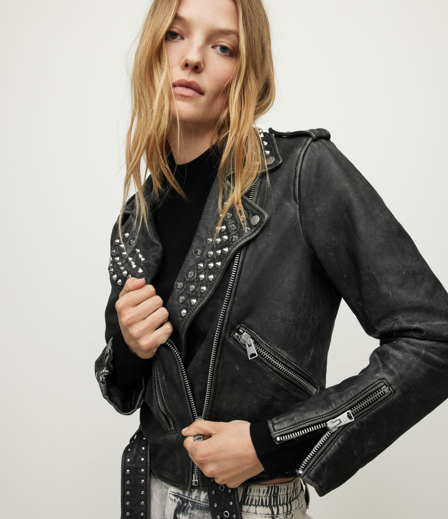 Women's Balfern Leather Studded Biker Jacket (black) - Image 1
