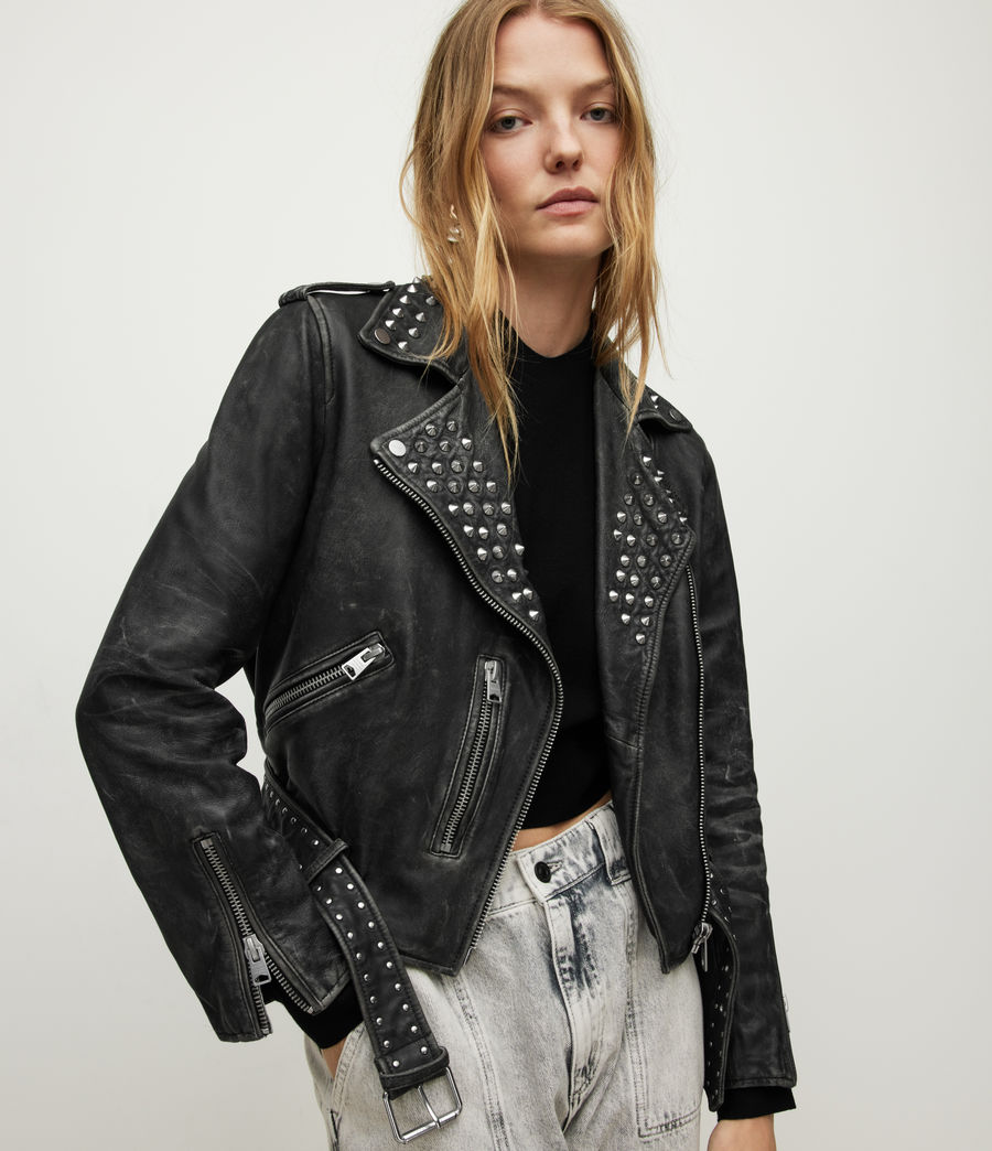 Women's Balfern Leather Studded Biker Jacket (black) - Image 4