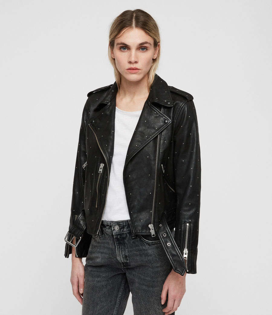 ALLSAINTS UK: Womens Studded Balfern Leather Biker Jacket (black)