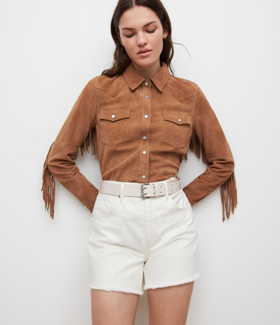 Womens Stanway Suede Fringe Shirt (tan_brown) - Image 1