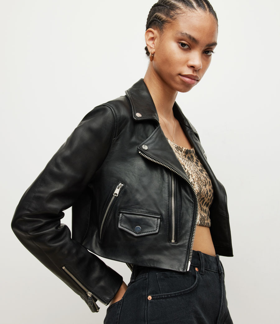 Women's Dren Leather Cropped Biker Jacket (black) - Image 4