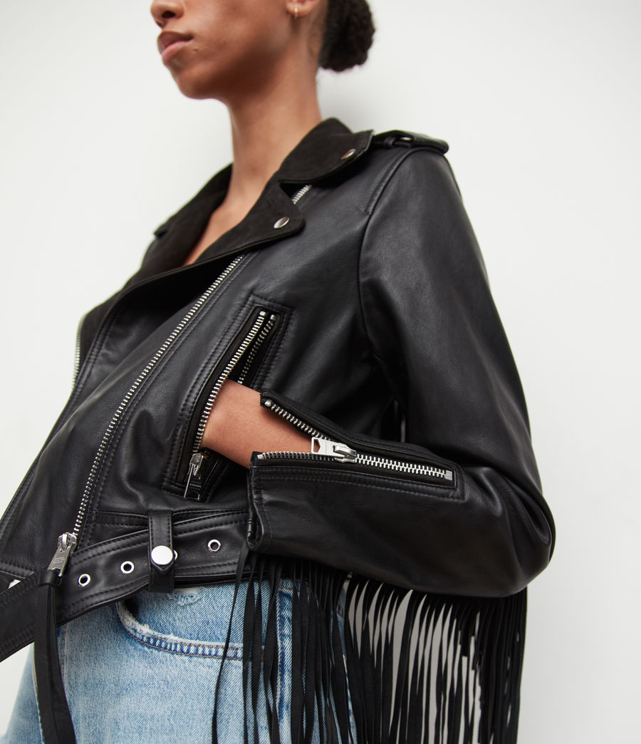 Women's Ayra Leather Fringed Biker Jacket (black) - Image 5