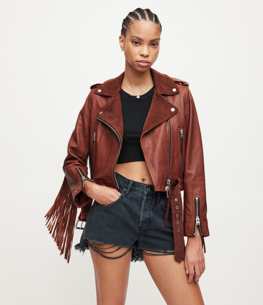 Womens Ayra Leather Fringed Biker Jacket (copper_red) - Image 1