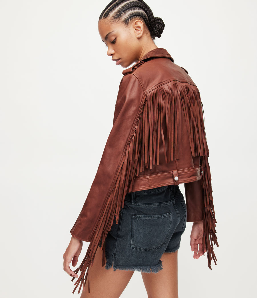 Womens Ayra Leather Fringed Biker Jacket (copper_red) - Image 2