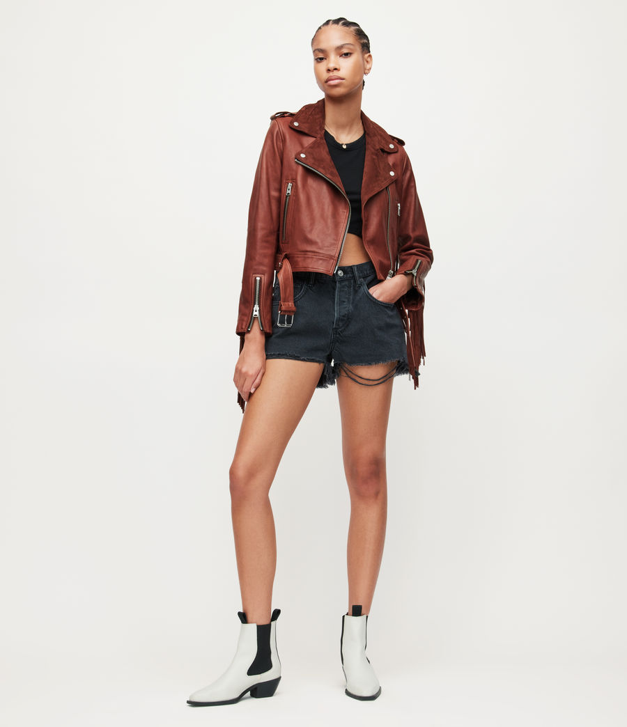 Womens Ayra Leather Fringed Biker Jacket (copper_red) - Image 3