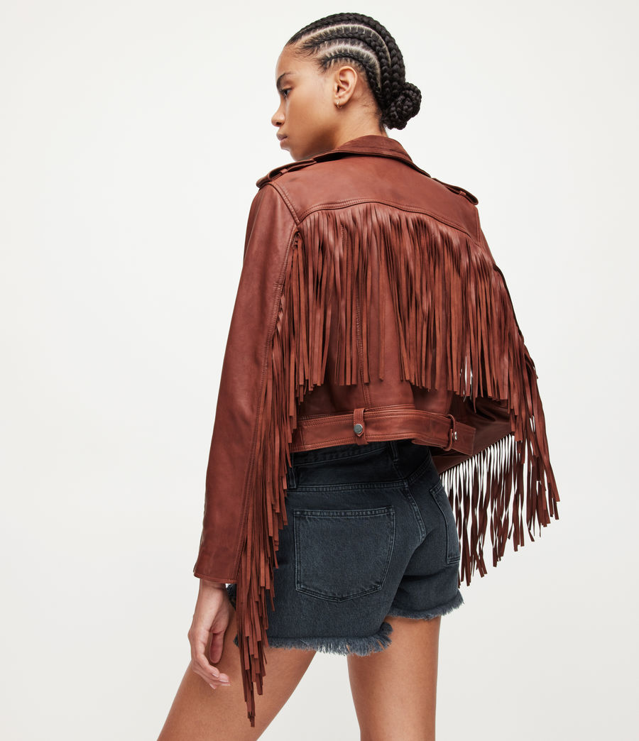 Womens Ayra Leather Fringed Biker Jacket (copper_red) - Image 5