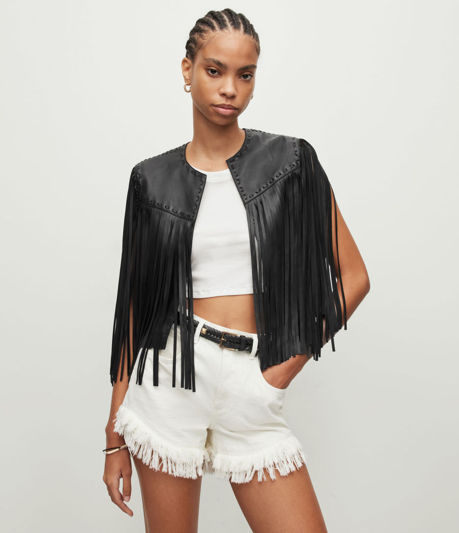Womens Astral Leather Fringed Gilet (black) - Image 1