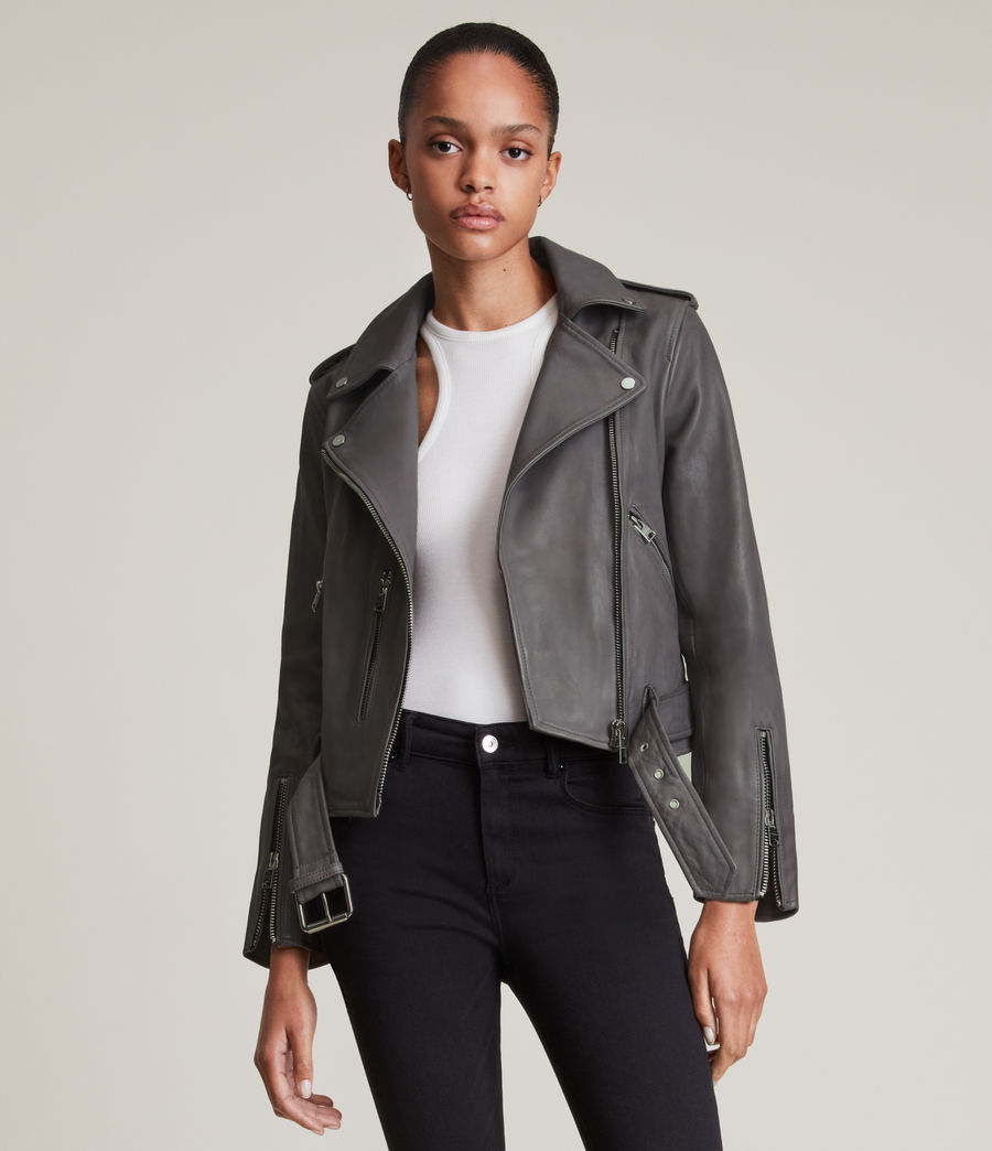Womens Balfern Leather Biker Jacket (grey) - Image 4