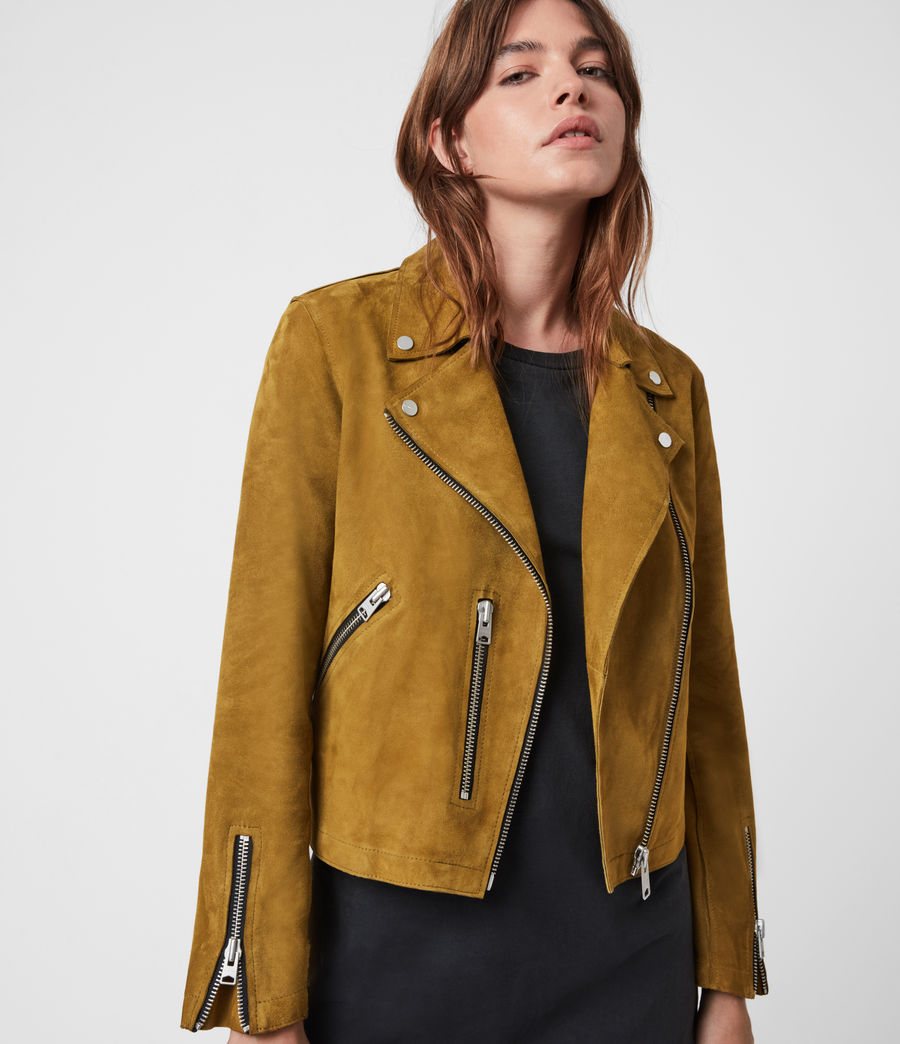 ALLSAINTS UK: Womens Unlined Fern Suede Biker Jacket (khaki_yellow)