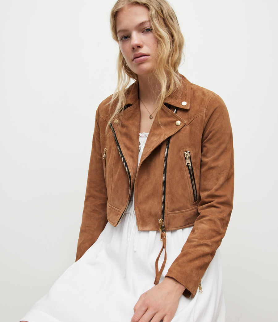 Women's Suede Rift Cropped Biker Jacket (tan_brown) - Image 2