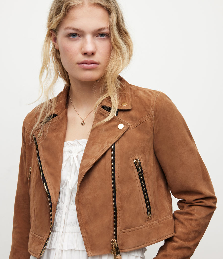 Women's Suede Rift Cropped Biker Jacket (tan_brown) - Image 3