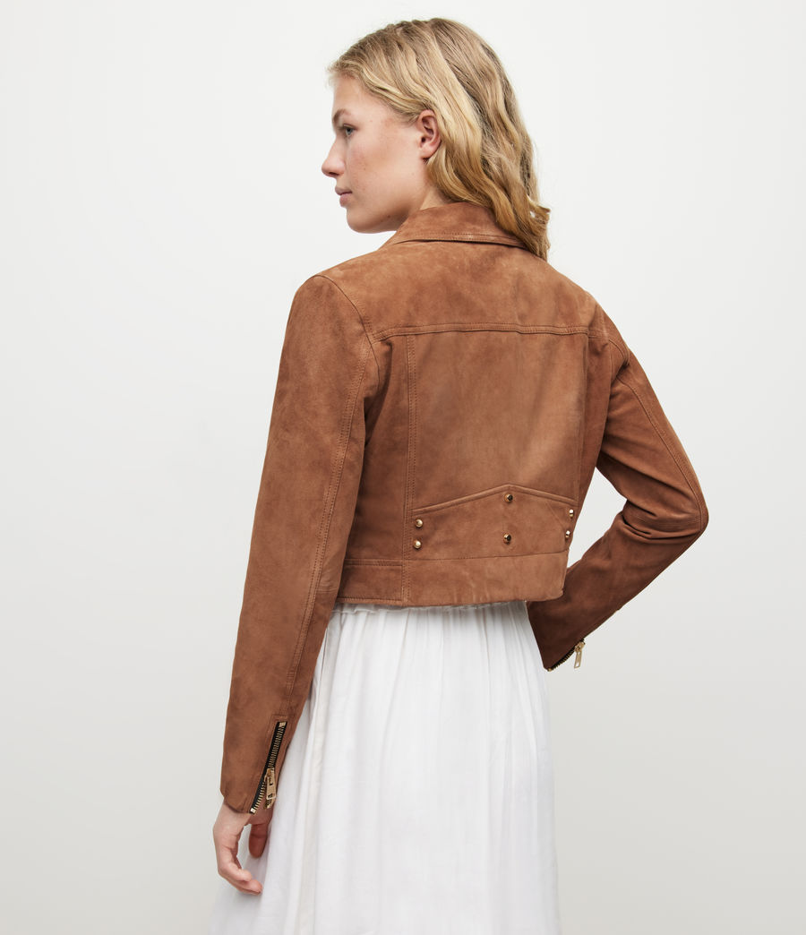 Damen Suede Rift Cropped Biker Jacket (tan_brown) - Image 4